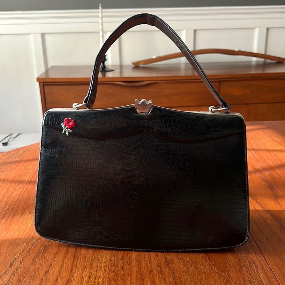 Vintage leather mini purse with embroidered rose